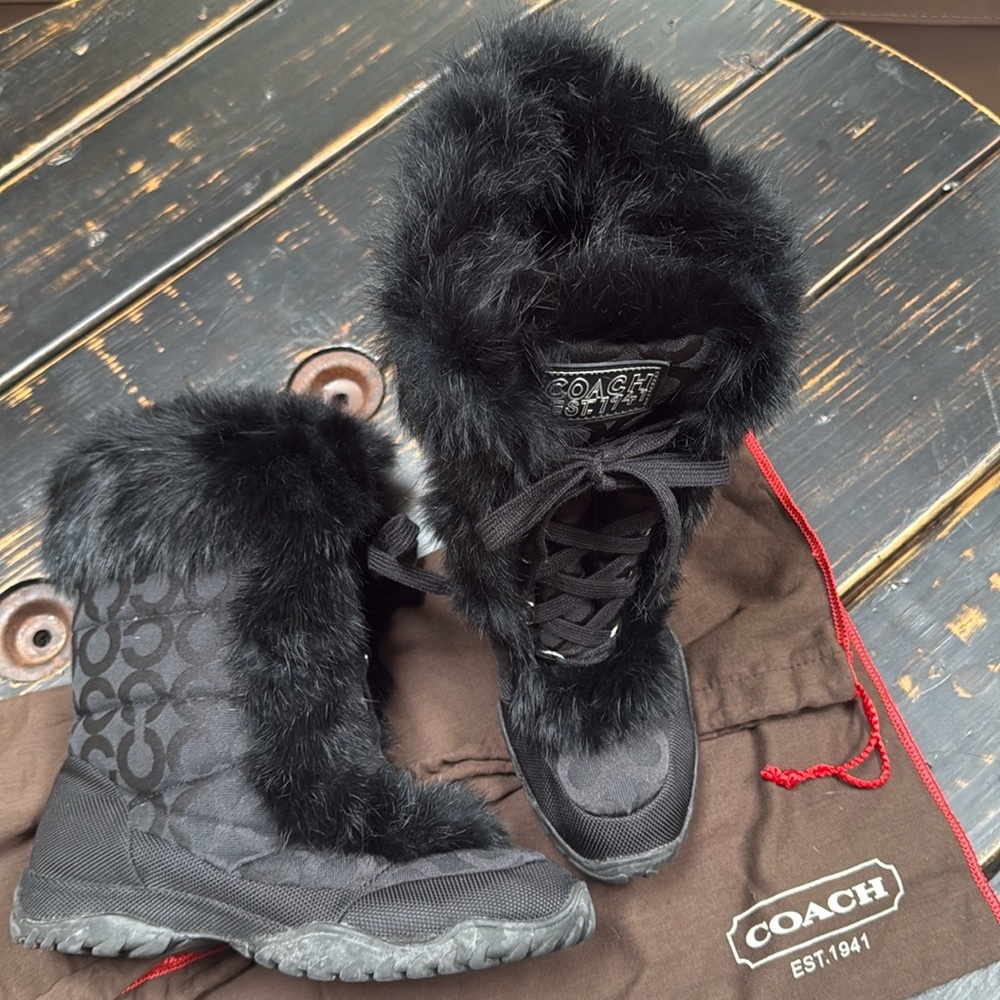 Coach Winter Boots with Signature Print & Rabbit Fur Accents & Dust Bag